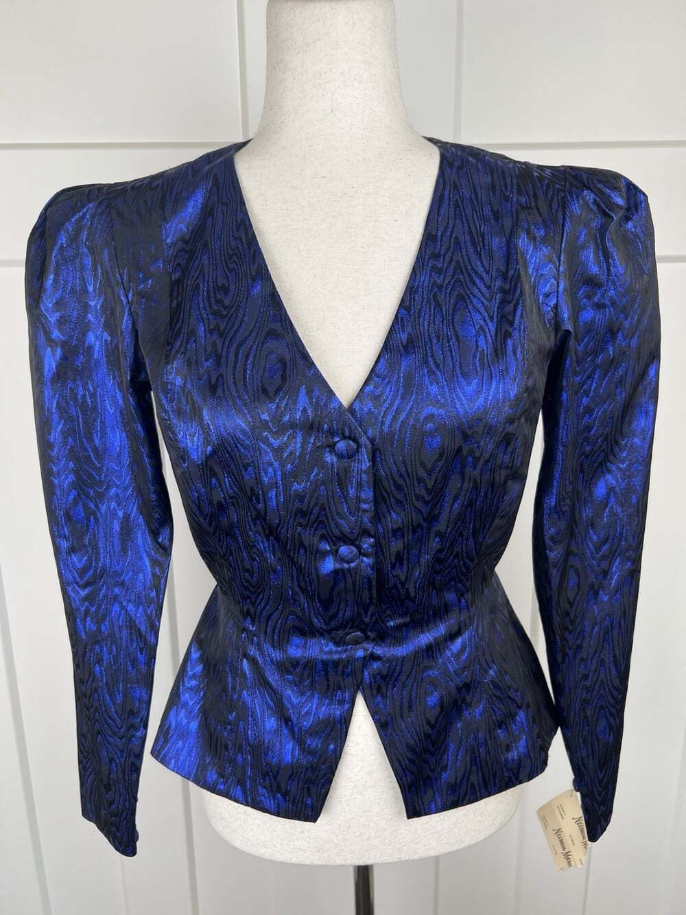 NWT Vintage 80s Neiman Marcus Metallic Cobalt Blue Moire Blazer Top Size 6 USA